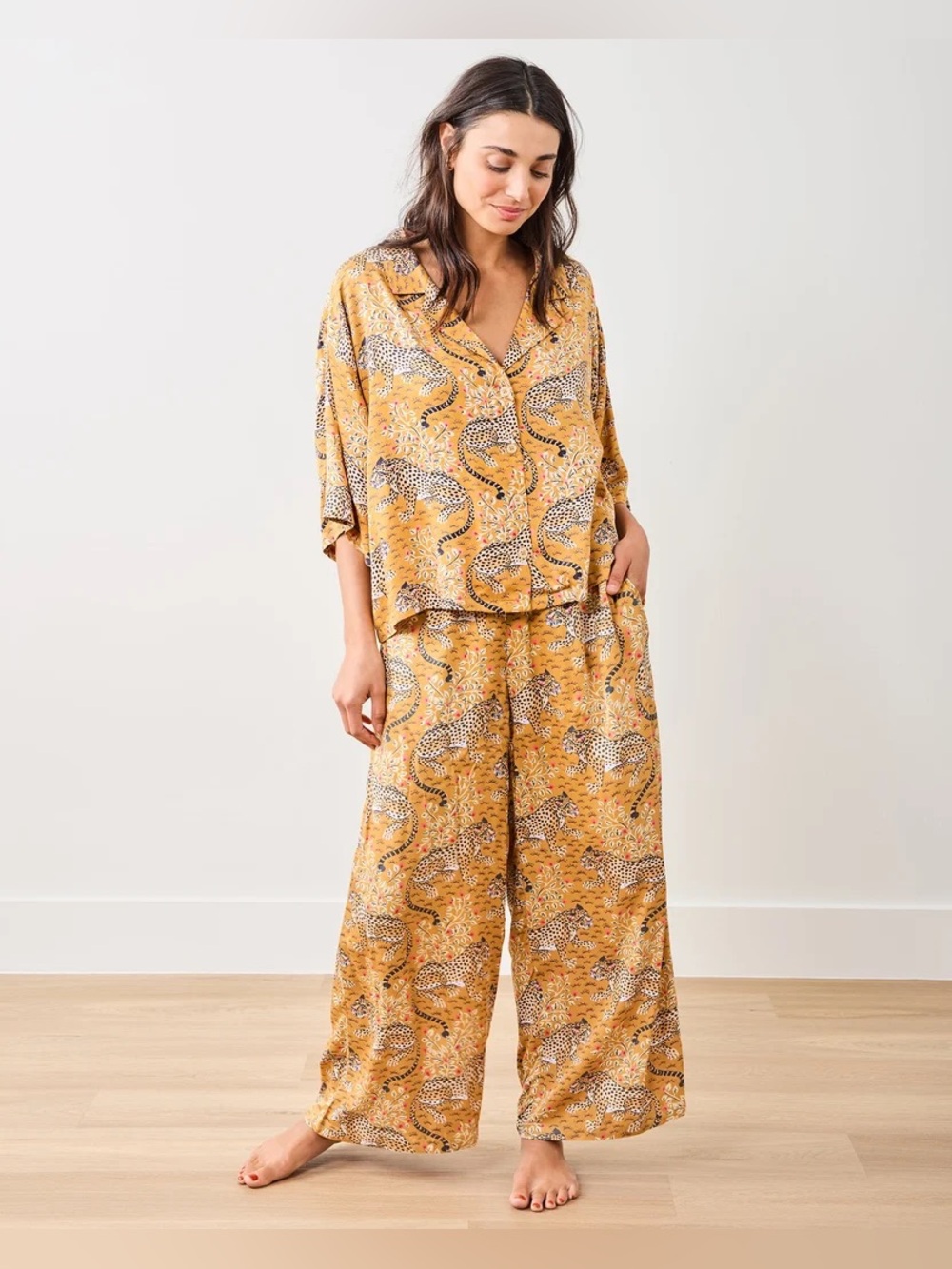 Printfresh Pajama Set Womens Small Yellow Leopard Bagheera